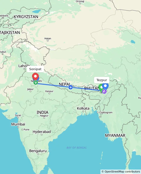 Route map showing distance and travel time from Tezpur, India to Sonipat, India