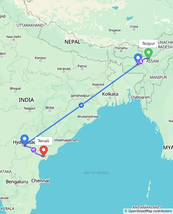 Route map showing distance and travel time from Tezpur, India to Tenali, India