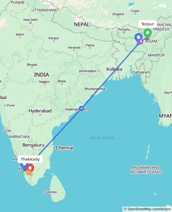 Route map showing distance and travel time from Tezpur, India to Thekkady, India