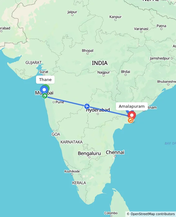 Route map showing distance and travel time from Thane, India to Amalapuram, India