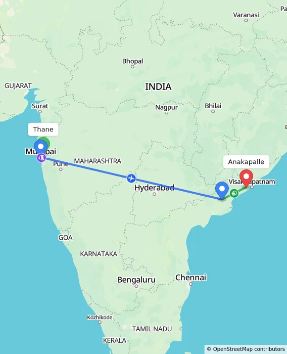 Route map showing distance and travel time from Thane, India to Anakapalle, India
