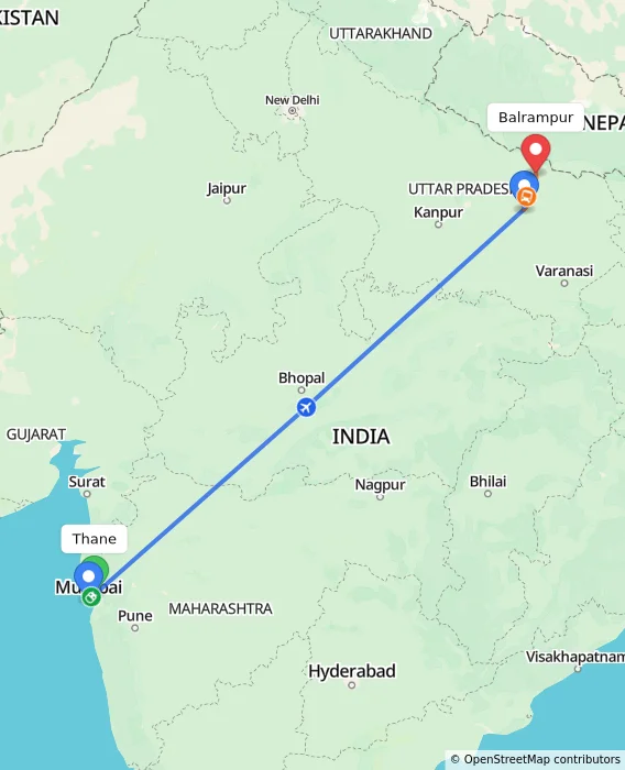 Route map showing distance and travel time from Thane, India to Balrampur, India