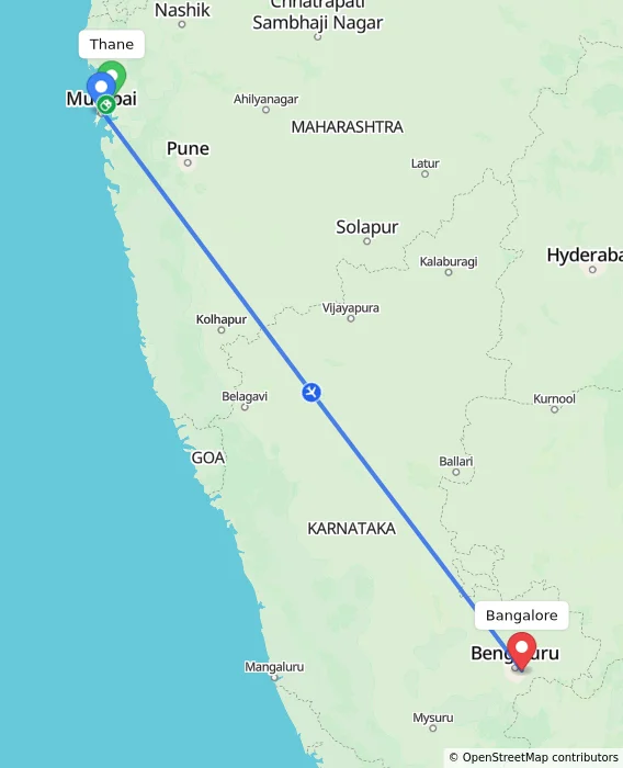Route map showing distance and travel time from Thane, India to Bangalore, India