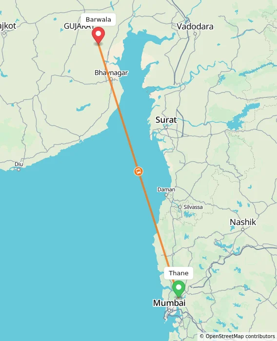 Route map showing distance and travel time from Thane, India to Barwala, India