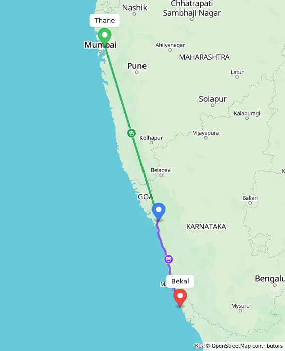 Route map showing distance and travel time from Thane, India to Bekal, India