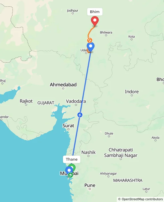 Route map showing distance and travel time from Thane, India to Bhim, India