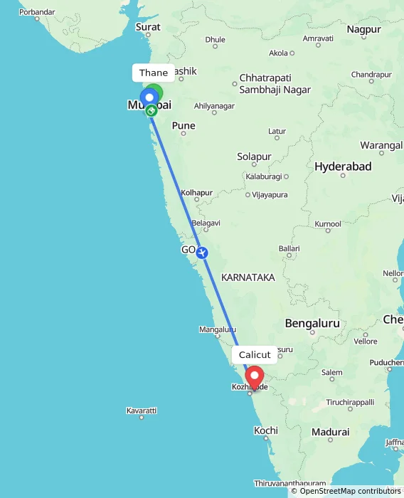 Route map showing distance and travel time from Thane, India to Calicut, India