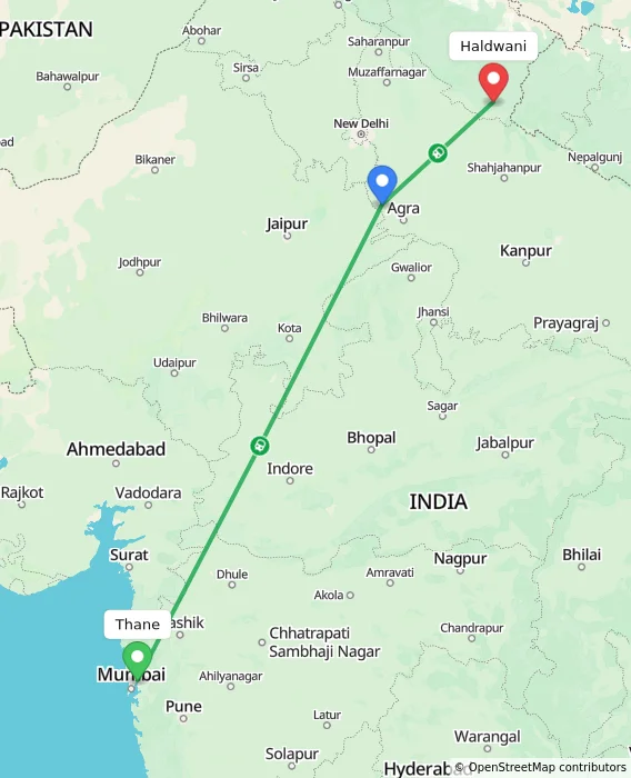 Route map showing distance and travel time from Thane, India to Haldwani, India