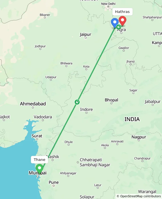 Route map showing distance and travel time from Thane, India to Hathras, India