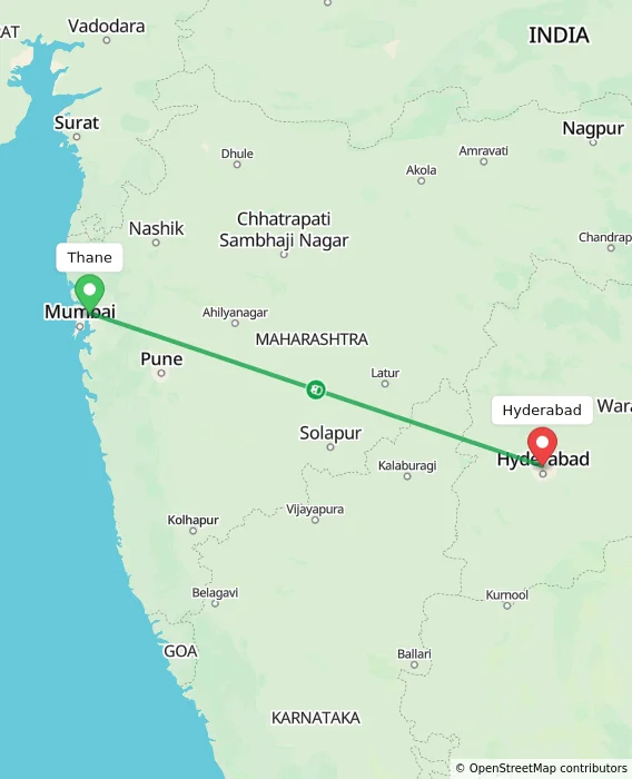 Route map showing distance and travel time from Thane, India to Hyderabad, India