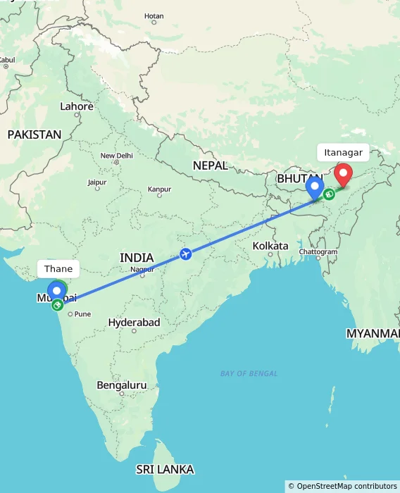 Route map showing distance and travel time from Thane, India to Itanagar, India