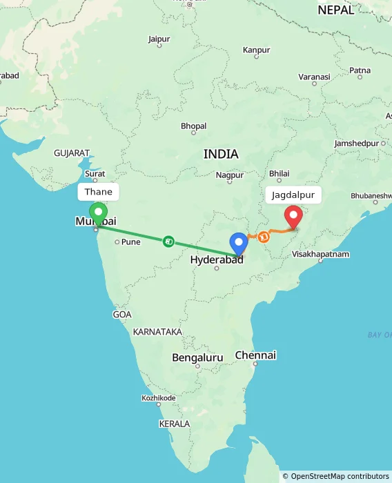 Route map showing distance and travel time from Thane, India to Jagdalpur, India