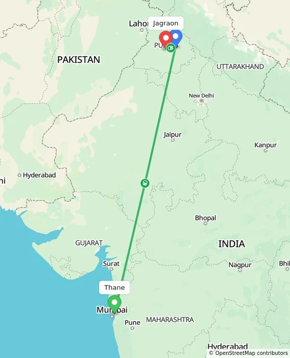 Route map showing distance and travel time from Thane, India to Jagraon, India