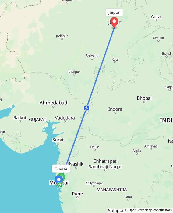 Route map showing distance and travel time from Thane, India to Jaipur, India