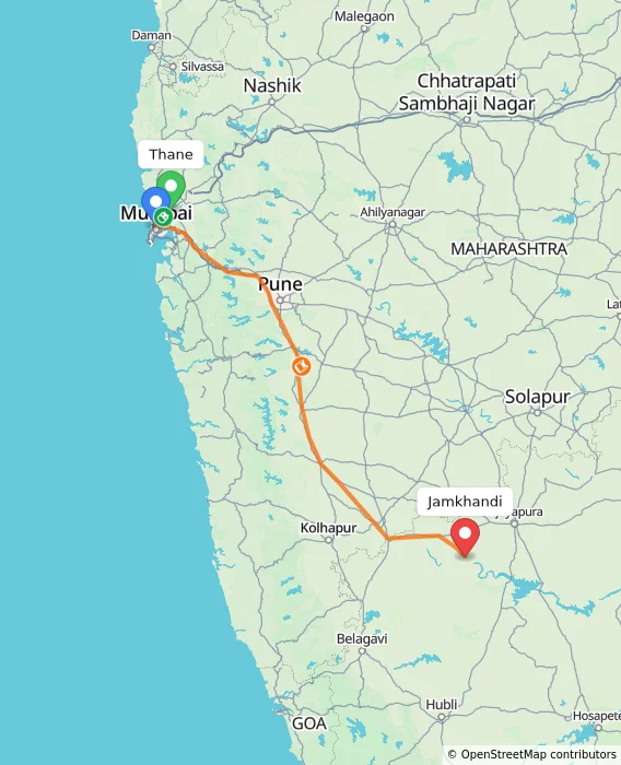 Route map showing distance and travel time from Thane, India to Jamkhandi, India
