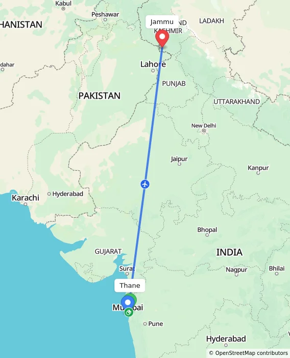Route map showing distance and travel time from Thane, India to Jammu, India