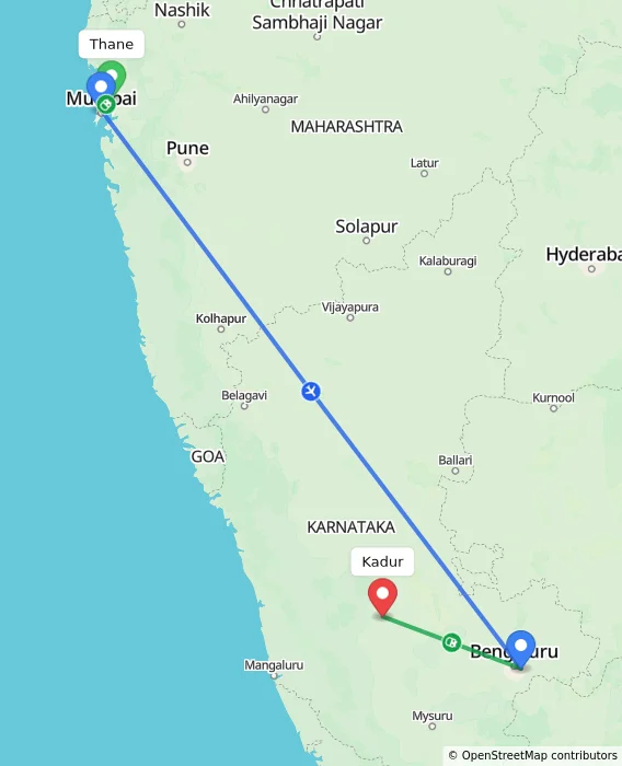 Route map showing distance and travel time from Thane, India to Kadur, India