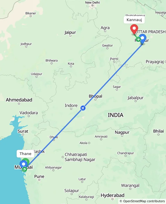Route map showing distance and travel time from Thane, India to Kannauj, India