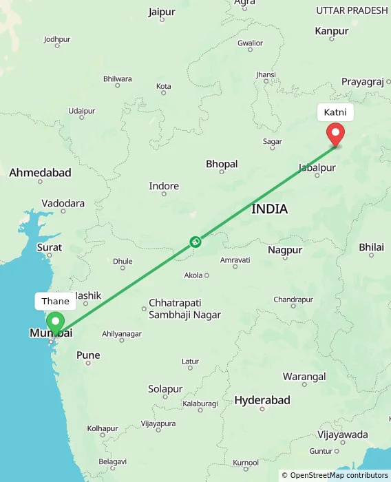 Route map showing distance and travel time from Thane, India to Katni, India