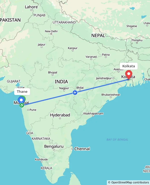 Route map showing distance and travel time from Thane, India to Kolkata, India