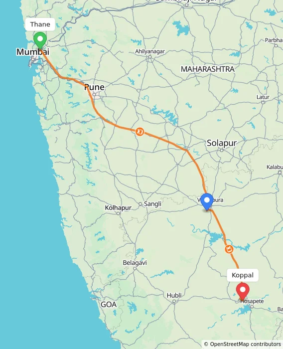 Route map showing distance and travel time from Thane, India to Koppal, India