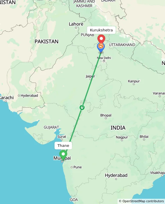 Route map showing distance and travel time from Thane, India to Kurukshetra, India