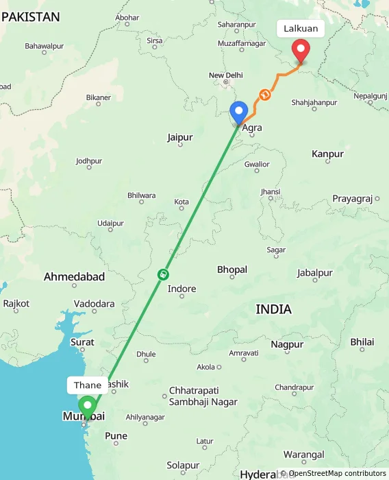 Route map showing distance and travel time from Thane, India to Lalkuan, India