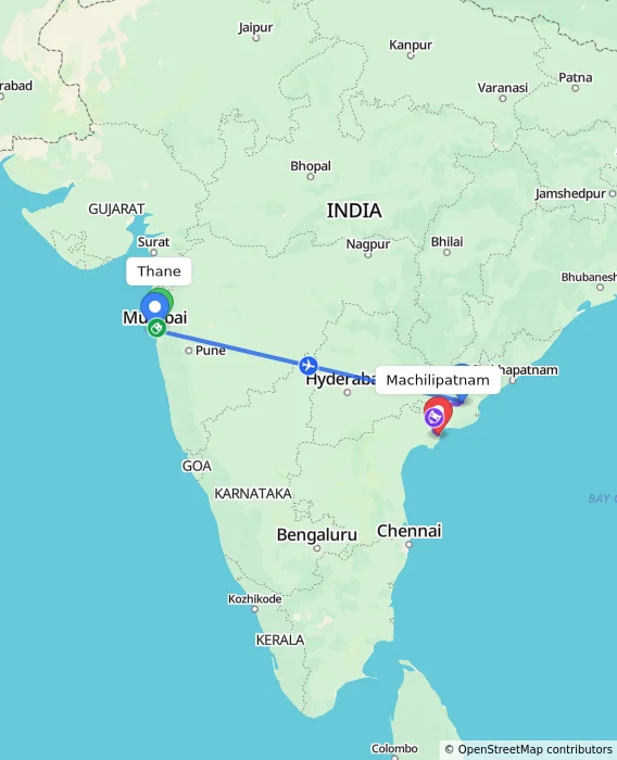 Route map showing distance and travel time from Thane, India to Machilipatnam, India