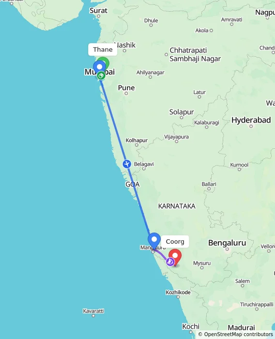 Route map showing distance and travel time from Thane, India to Madikeri, India