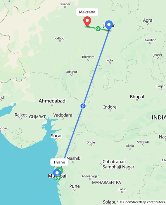 Route map showing distance and travel time from Thane, India to Makrana, India