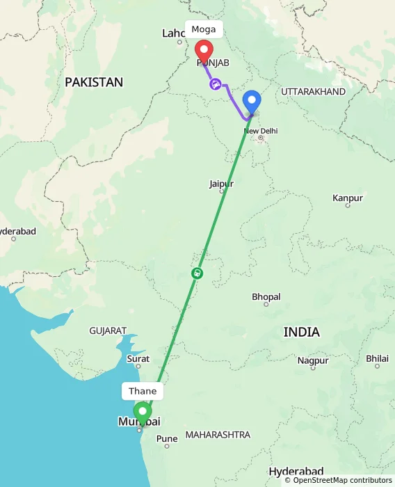 Route map showing distance and travel time from Thane, India to Moga, India