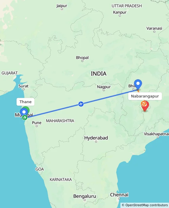 Route map showing distance and travel time from Thane, India to Nabarangapur, India