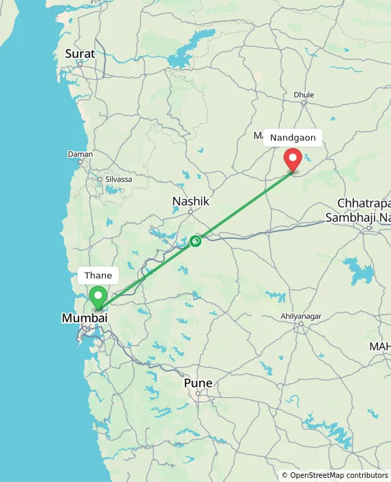 Route map showing distance and travel time from Thane, India to Nandgaon, India