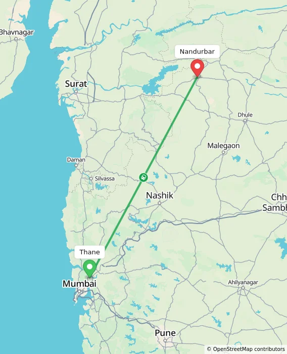 Route map showing distance and travel time from Thane, India to Nandurbar, India