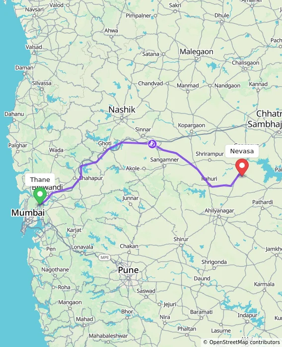 Route map showing distance and travel time from Thane, India to Nevasa, India