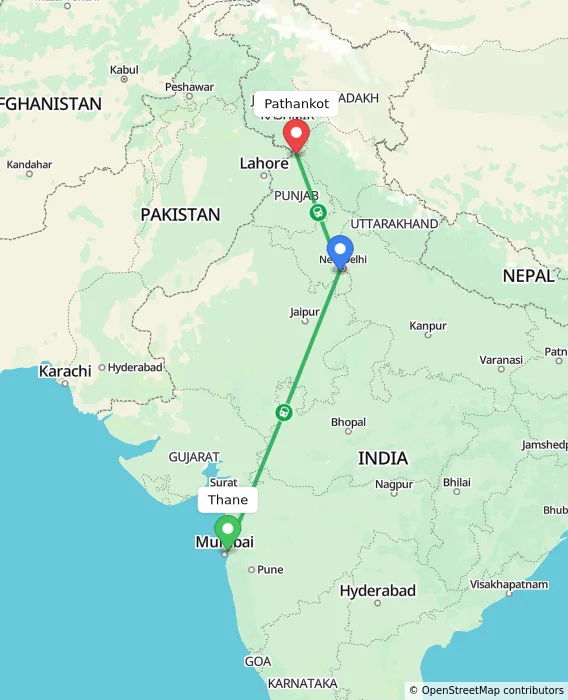 Route map showing distance and travel time from Thane, India to Pathankot, India