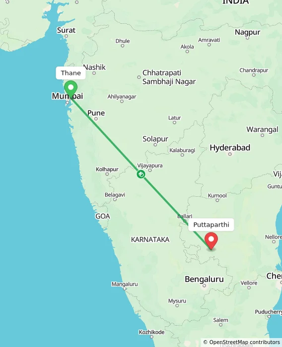Route map showing distance and travel time from Thane, India to Puttaparthi, India