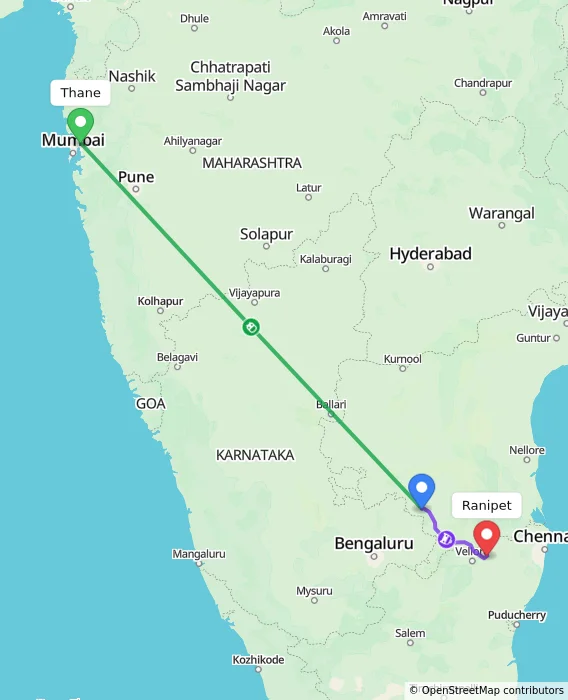 Route map showing distance and travel time from Thane, India to Ranipet, India