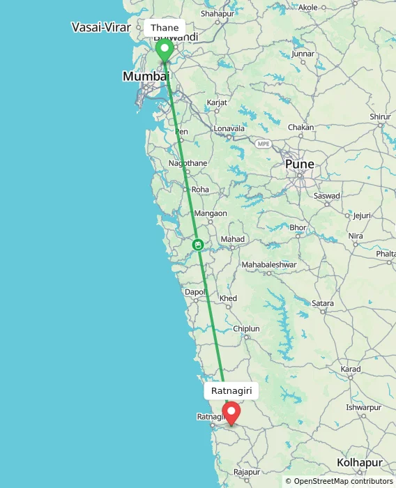 Route map showing distance and travel time from Thane, India to Ratnagiri, India