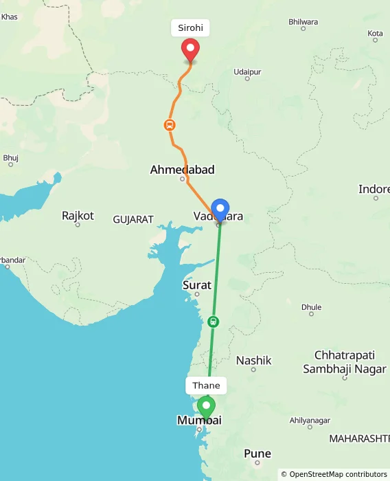 Route map showing distance and travel time from Thane, India to Sirohi, India