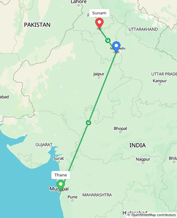Route map showing distance and travel time from Thane, India to Sunam, India