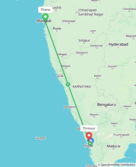 Route map showing distance and travel time from Thane, India to Thrissur, India