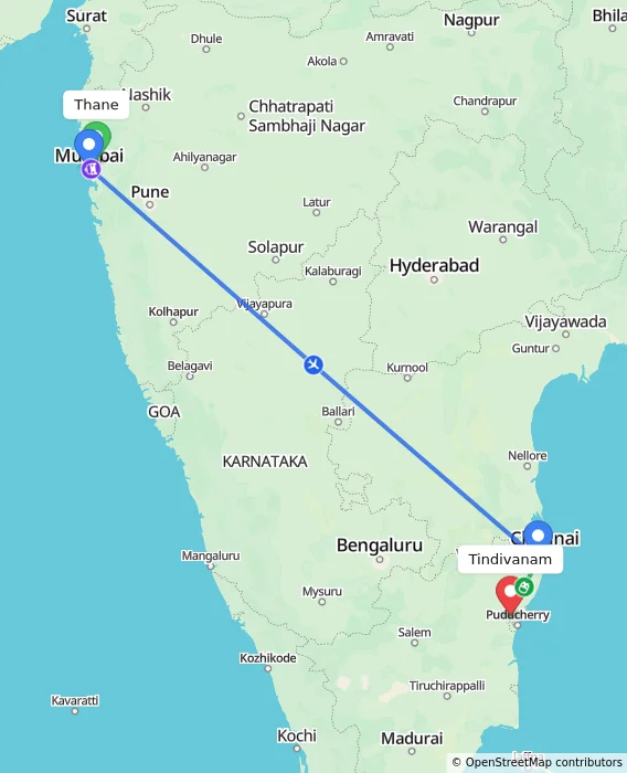 Route map showing distance and travel time from Thane, India to Tindivanam, India