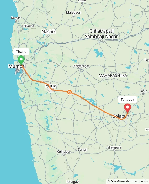 Route map showing distance and travel time from Thane, India to Tuljapur, India