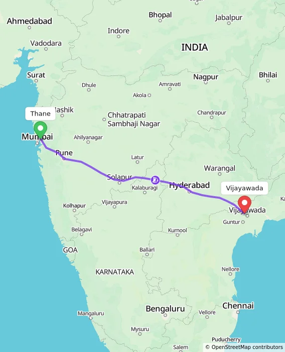 Route map showing distance and travel time from Thane, India to Vijayawada, India