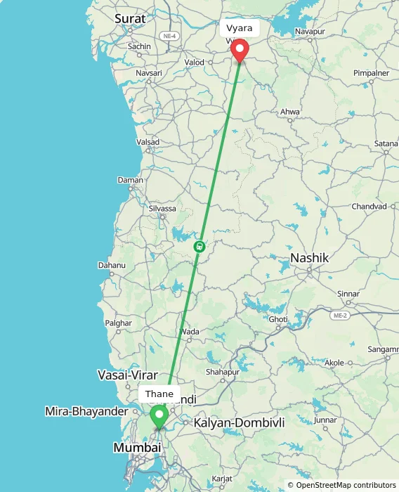 Route map showing distance and travel time from Thane, India to Vyara, India