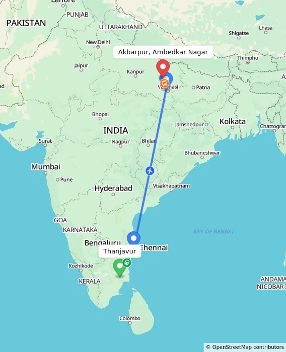 Route map showing distance and travel time from Thanjavur, India to Akbarpur, Ambedkar Nagar, India