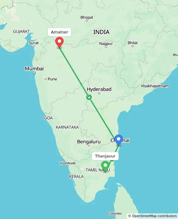 Route map showing distance and travel time from Thanjavur, India to Amalner, India