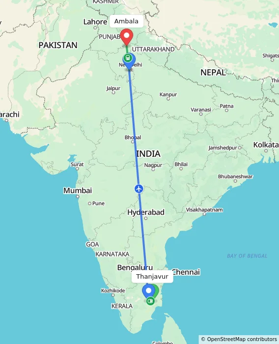 Route map showing distance and travel time from Thanjavur, India to Ambala, India