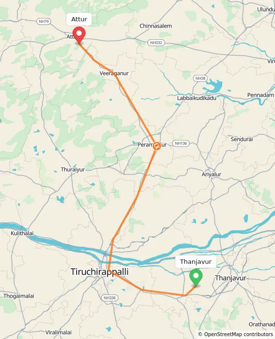 Route map showing distance and travel time from Thanjavur, India to Attur, India